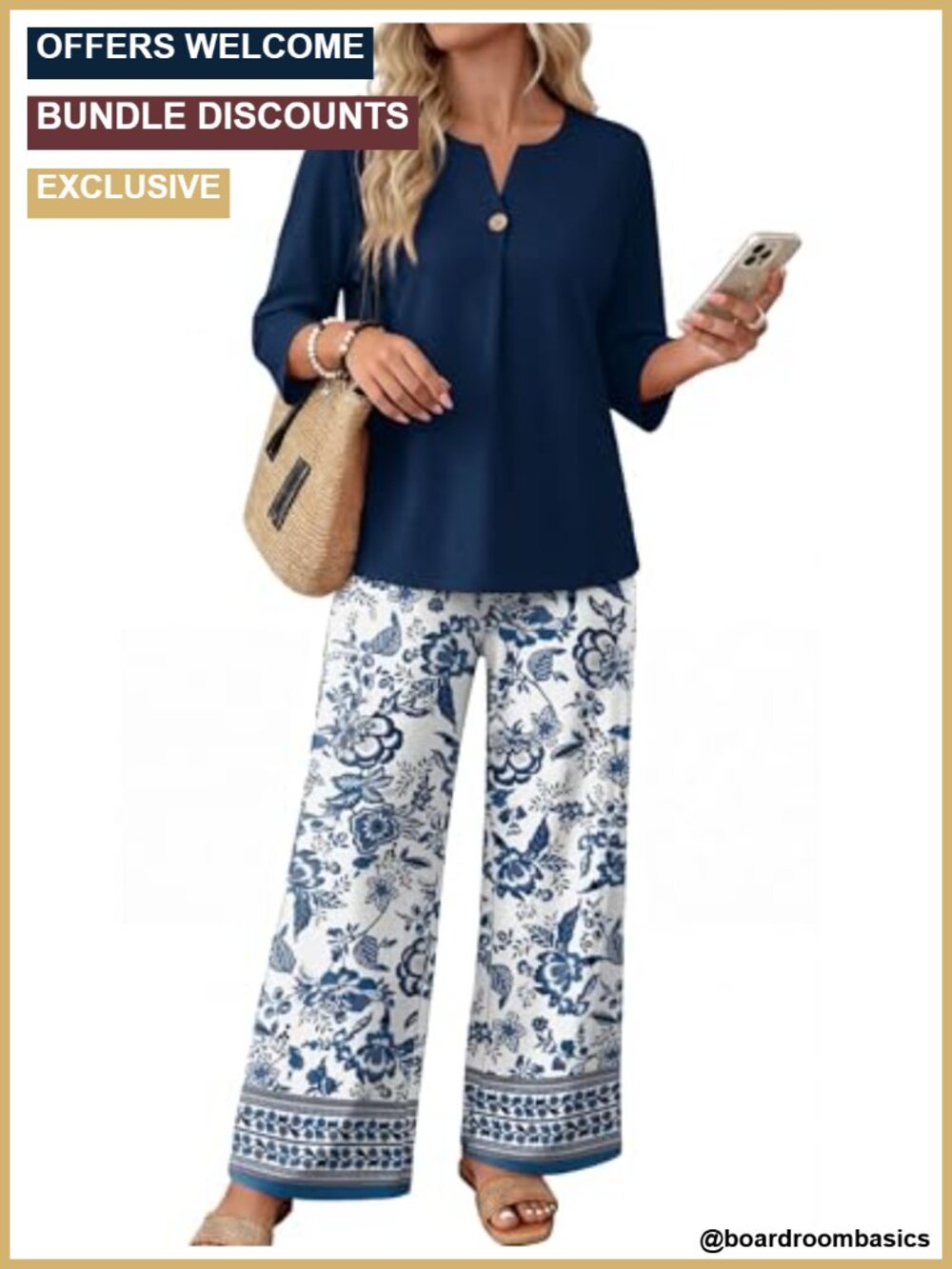 Two Piece Lounge Set Notched V-Neck 3/4 Sleeve Wide Leg Pants Travel Vacation